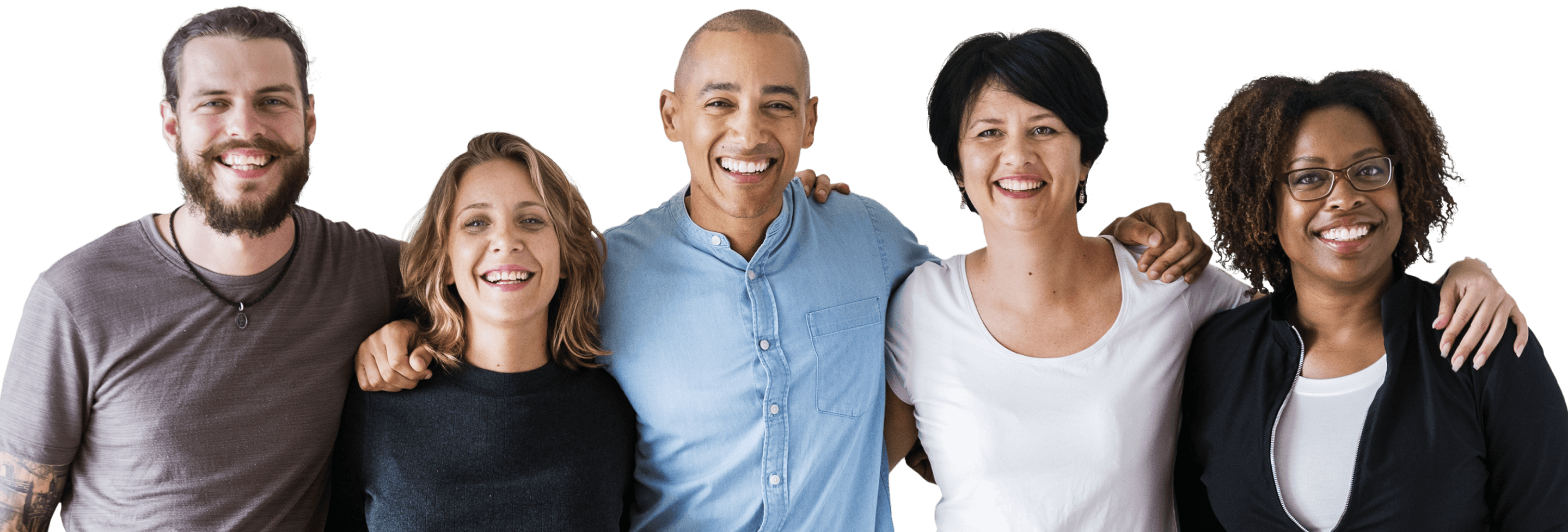 un groupe de personne multi-ethnique exprimant par leur sourire la joie de collaborer et d'aller ensemble de l'avant